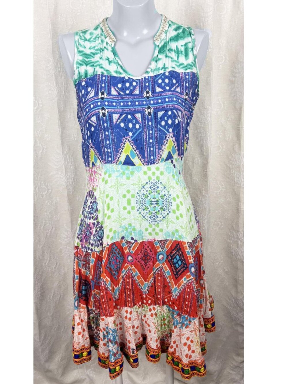 Ruby Yaya patchwork embellished fit & flare dress embroidered sequins boho color